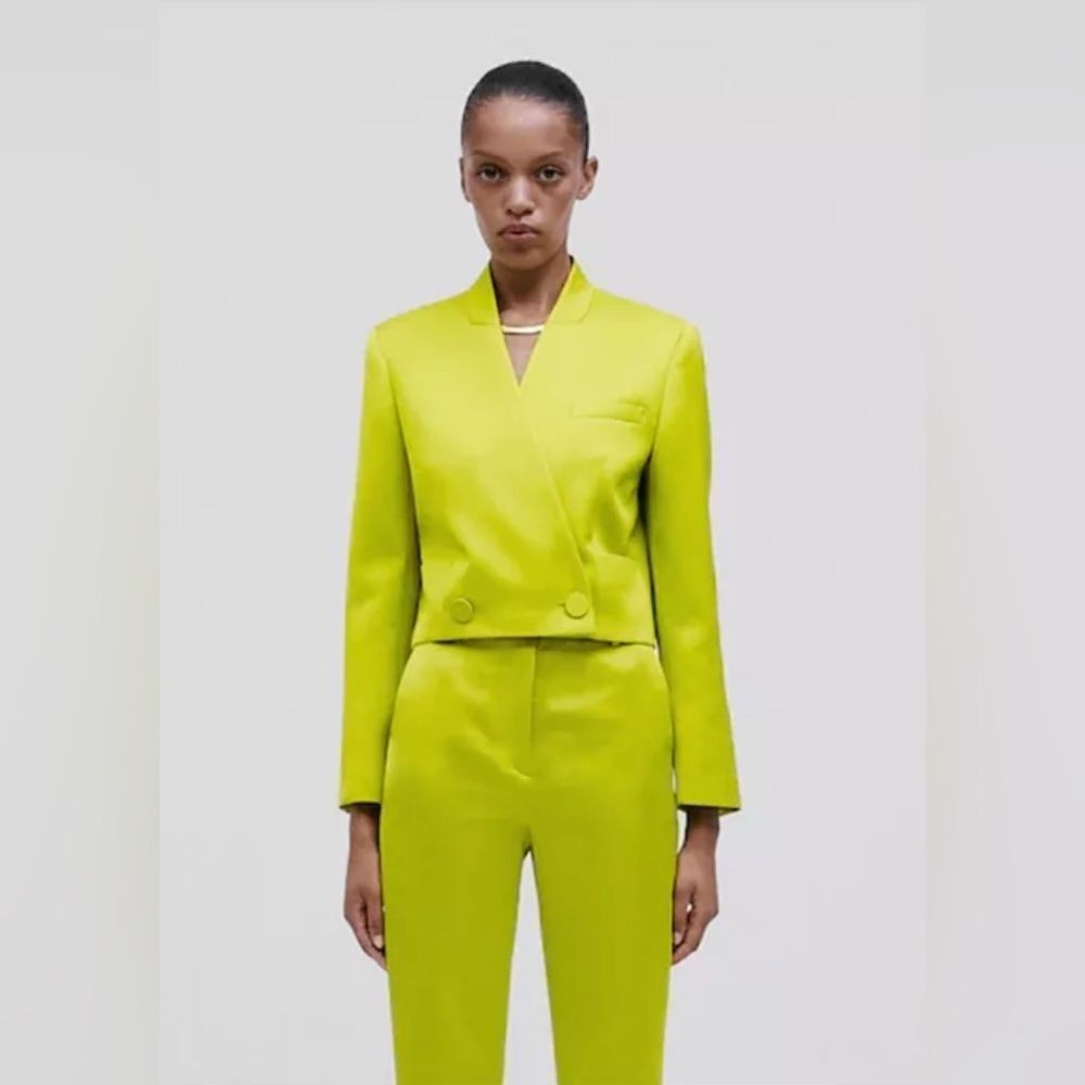 Massimo Dutti Studio Double-breasted Cropped Blazer In Lime Yellow
